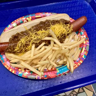 Footlong chili cheese dog with either chips or fries