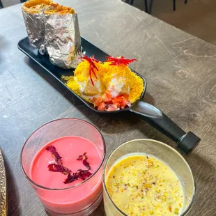 a plate of food and drinks