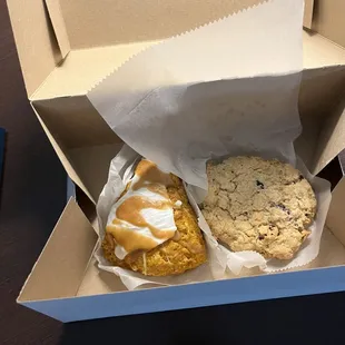 Pumpkin scone and white chocolate cranberry cookie.