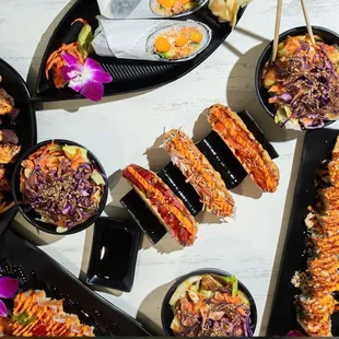 Sushi Tacos, Sesame Dressing Salad, Sushi Burrito, and Special Rolls