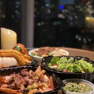 Chicken Pita Nachos, tabouleh, fatoush salad, lamb plate - yum!