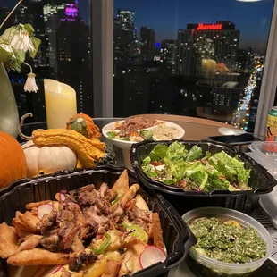 Chicken Pita Nachos, tabouleh, fatoush salad, lamb plate - yum!