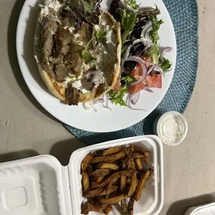 Pretty much a salad inside pita bread with some meat.  Ice cold fries.