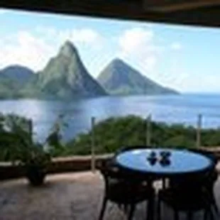 St. Lucia.  Jade Mountain open air restaurants with a view of the Piton mountains