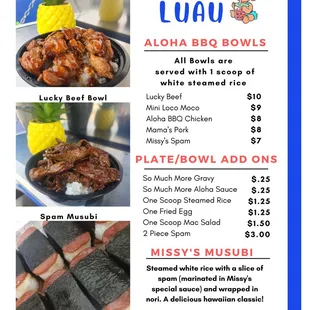 the menu for the aloha bbq bowls