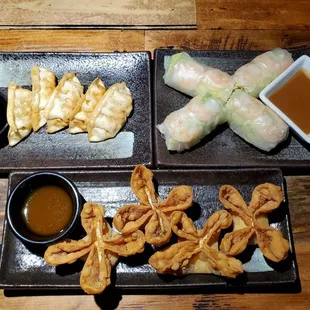 Appetizer sampler (with crab rangoon, spring rolls, and dumplings)