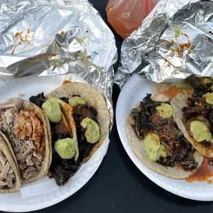 Carnitas, black trombo, and asada.
