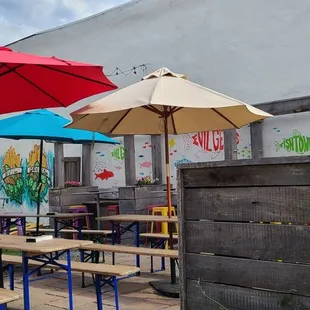 tables and umbrellas outside