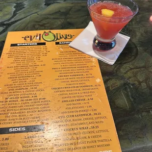 Menu (and not a very clean one), and a Strawberry Lemon Martini.