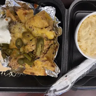 Pulled pork nachos and mac n cheese