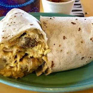 Inside the East Side Burrito: Homemade Beef &amp; Pork Chorizo, Scrambled Eggs, Potatoes, Cheese, Fresh Pico de Gallo