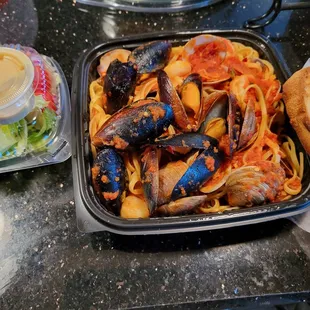 Seafood Pasta, Shrimp, Clams, Scallops &amp; Mussels on Linguine &amp; Fra Diavolo sauce /w side salad &amp; garlic bread ....delicious!