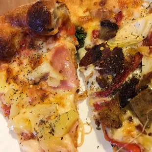 Hawaiian (left) and Mediterranean with white sauce (right). Both were very good with excellent crust.