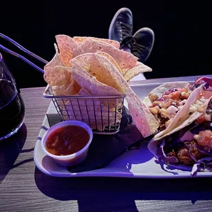 Wine and chicken tacos