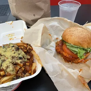 Chili cheese fries and Buffalo Chicken Sandwich