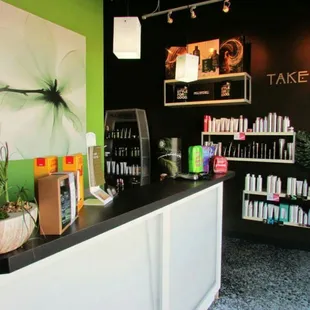 Evolve, A Paul Mitchell Focus Salon reception desk.