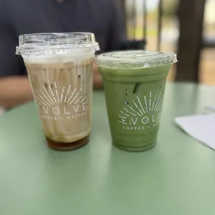 Cold brew with foam and a matcha latte iced