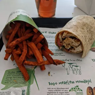 Sweet potato fries and buffalo bacon chicken wrap