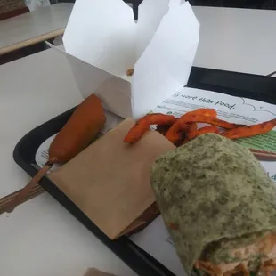 Salmon wrap and corn dog kids meal.