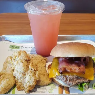 Bacon Cheese Burger with Chicken Strips and Strawberry Lemonade