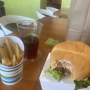 Salmon burger with air fries and caffeine free tea.