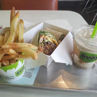 Air fries, adobo bean wrap, and caramel cappuccino milkshake