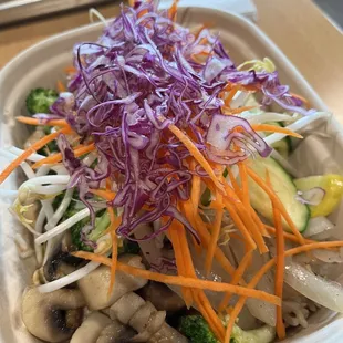 Grilled chicken over brown rice with quinoa. Yum yum sauce and Sweet Hoison sauce.