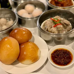Soup dumplings, har gow, pork spare ribs, bbq pork buns.