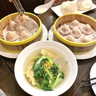 Chicken Dumpling Soup, Crabmeat Xiao Long Bao, Pork Xiao Long Bao, Steamed Roasted Pork Bun (x2)