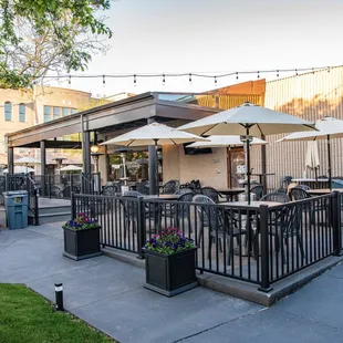 patio with tables and umbrellas