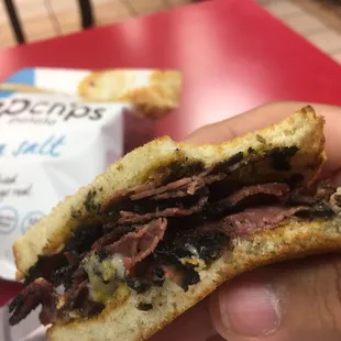 a hand holding a sandwich