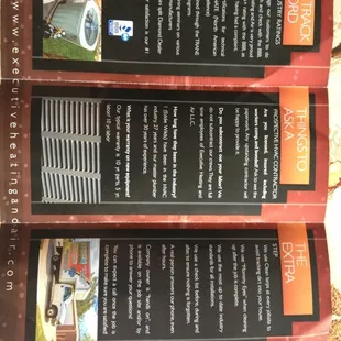 pamphlet handed to me upon arrival, describes track record, things to ask a prospective HVAC contractor, what extras they do