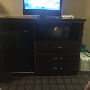 Fridge, microwave, storage, and good tv channels