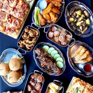 Focaccia Bites, Sliders, Wings, Brussels, Mac Bites, Lumpia, Quesadilla Bites, Cauliflower