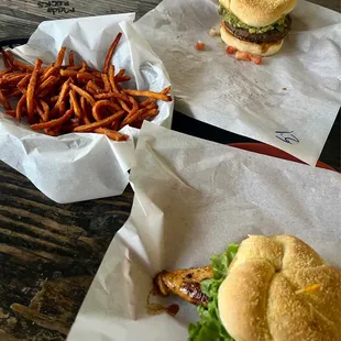 Chicken Burger and the Southwest Burger with a side of sweet potato fries