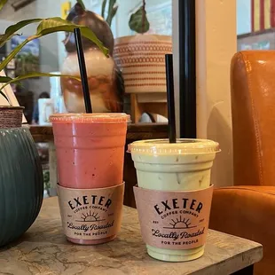 strawberry smoothie, matcha latte