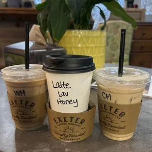 Caramel macchiato, white mocha and lavender honey latte
