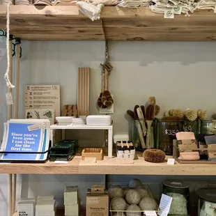 a shelf with various items on it