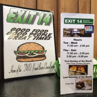 Their hours and specials - "home of the two pound burger"