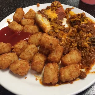 This is what's left of my chili (homemade) cheese dog. Very tasty