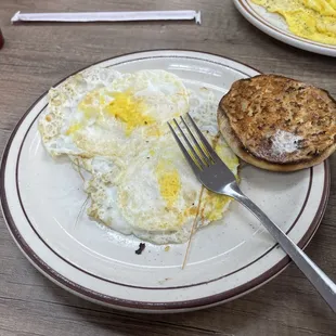 2 eggs over hard with half an English muffin