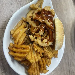 Bourbon burger with waffle fries
