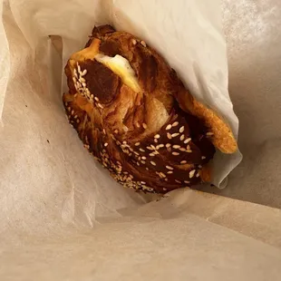 Pretzel croissant with Canadian bacon, egg, and cheese