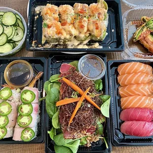 Cucumber Salad, B.L.C. Roll, Heart Attack, Yellowtail Mania Roll, Blue Fin Tataki, Salmon Belly Sushi, Bluefin Tuna Sushi
