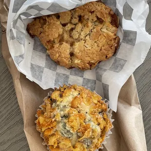 Blueberry cornflake muffin and toffee oatmeal chip cookie