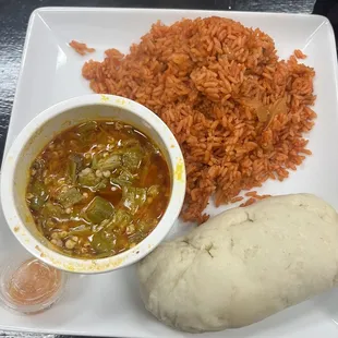 Fufu, okra stew, jollof rice