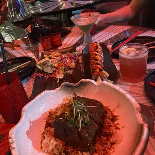 Xinjiang braised short rib and blue fin toro tuna roll