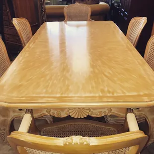 How Stunning is this Spanish made Dining Table?!  This 76&quot; Pickled Wood Table comes with 8 chairs and 2 large Leaves! Now selling for $899