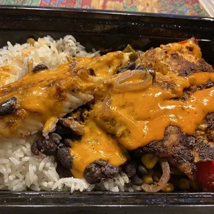 Gorilla Bowl!  Cajun fish &amp; grilled veggies &amp; rice!