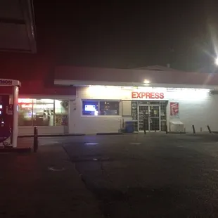 a gas station at night